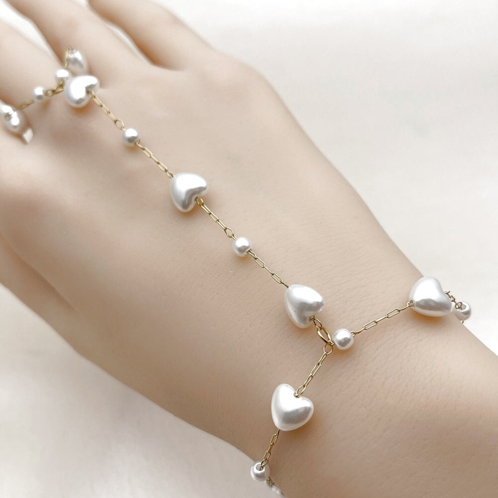 Stainless Steel Fancy Bracelet, Heart and Rolo Design, with Ivory Pearl, Polished, Golden Finish