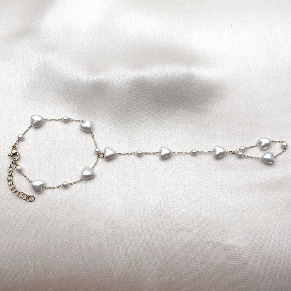Stainless Steel Fancy Bracelet, Heart and Rolo Design, with Ivory Pearl, Polished, Golden Finish