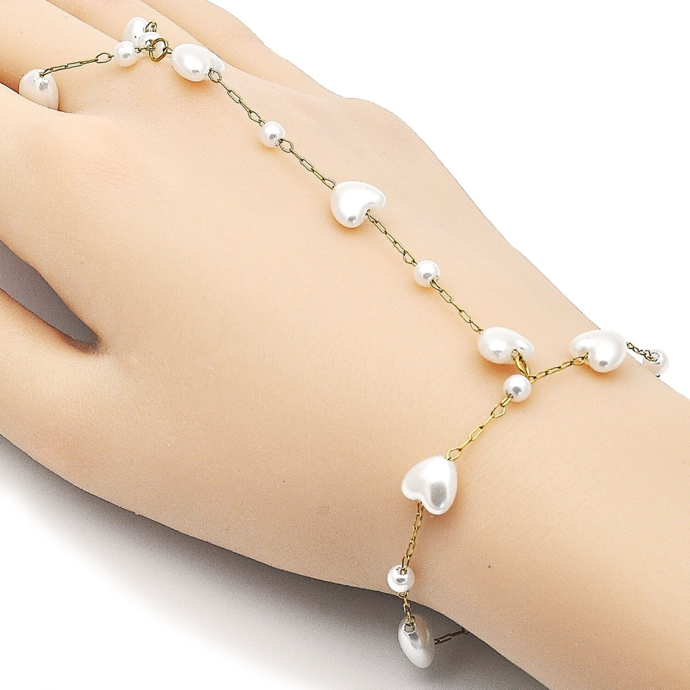 Stainless Steel Fancy Bracelet, Heart and Rolo Design, with Ivory Pearl, Polished, Golden Finish