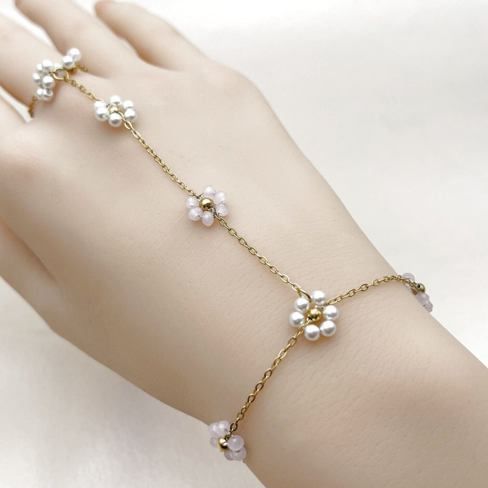 Stainless Steel Fancy Bracelet, Flower and Rolo Design, with Ivory Pearl and Pink Crystal, Polished, Golden Finish