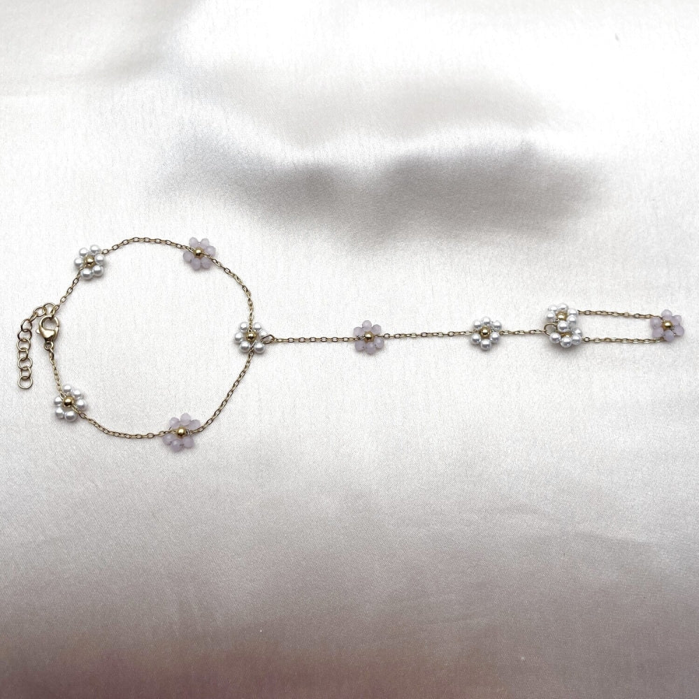 Stainless Steel Fancy Bracelet, Flower and Rolo Design, with Ivory Pearl and Pink Crystal, Polished, Golden Finish