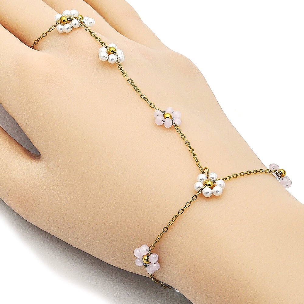 Stainless Steel Fancy Bracelet, Flower and Rolo Design, with Ivory Pearl and Pink Crystal, Polished, Golden Finish