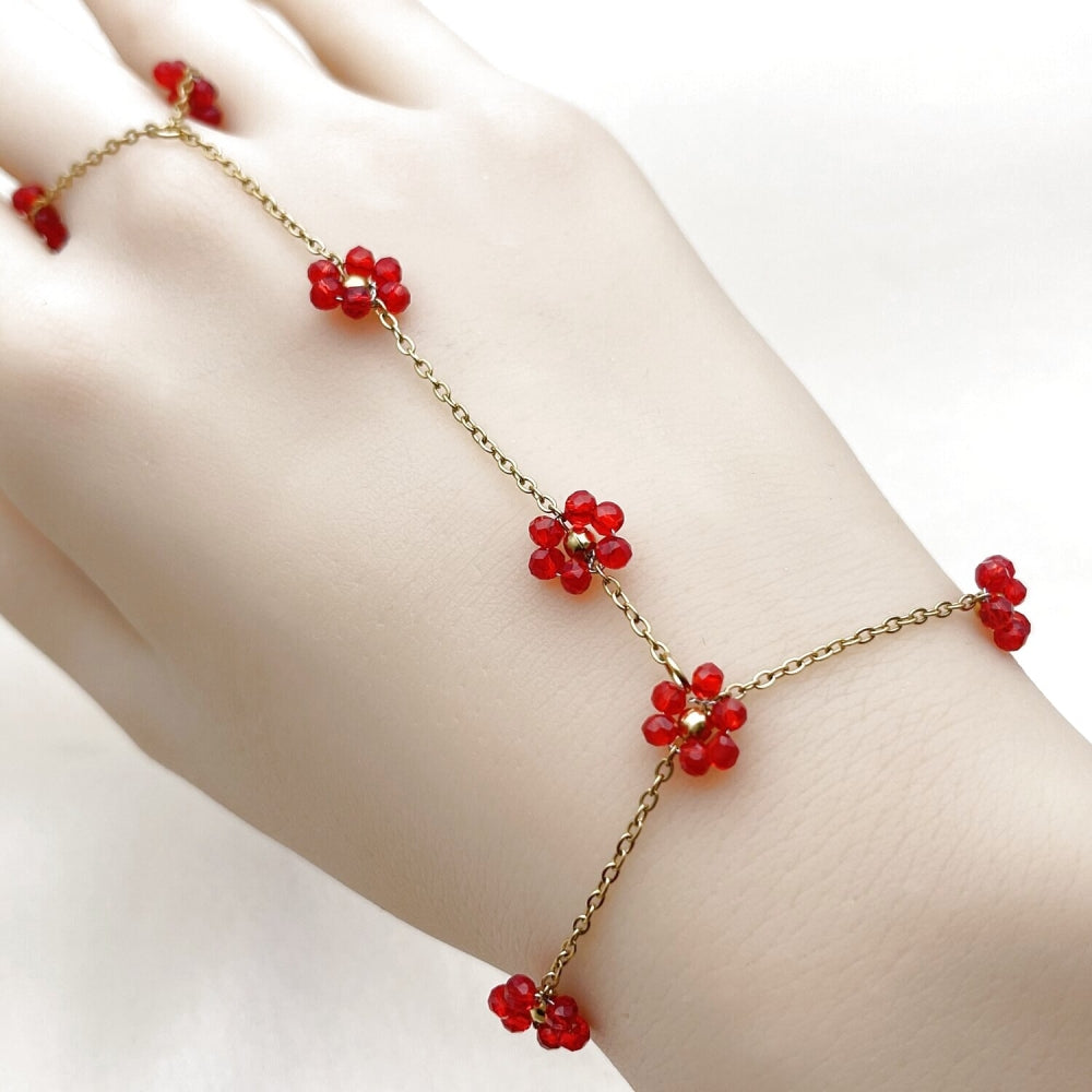 Stainless Steel Fancy Bracelet, Flower and Ball Design, with Siam Crystal, Polished, Golden Finish
