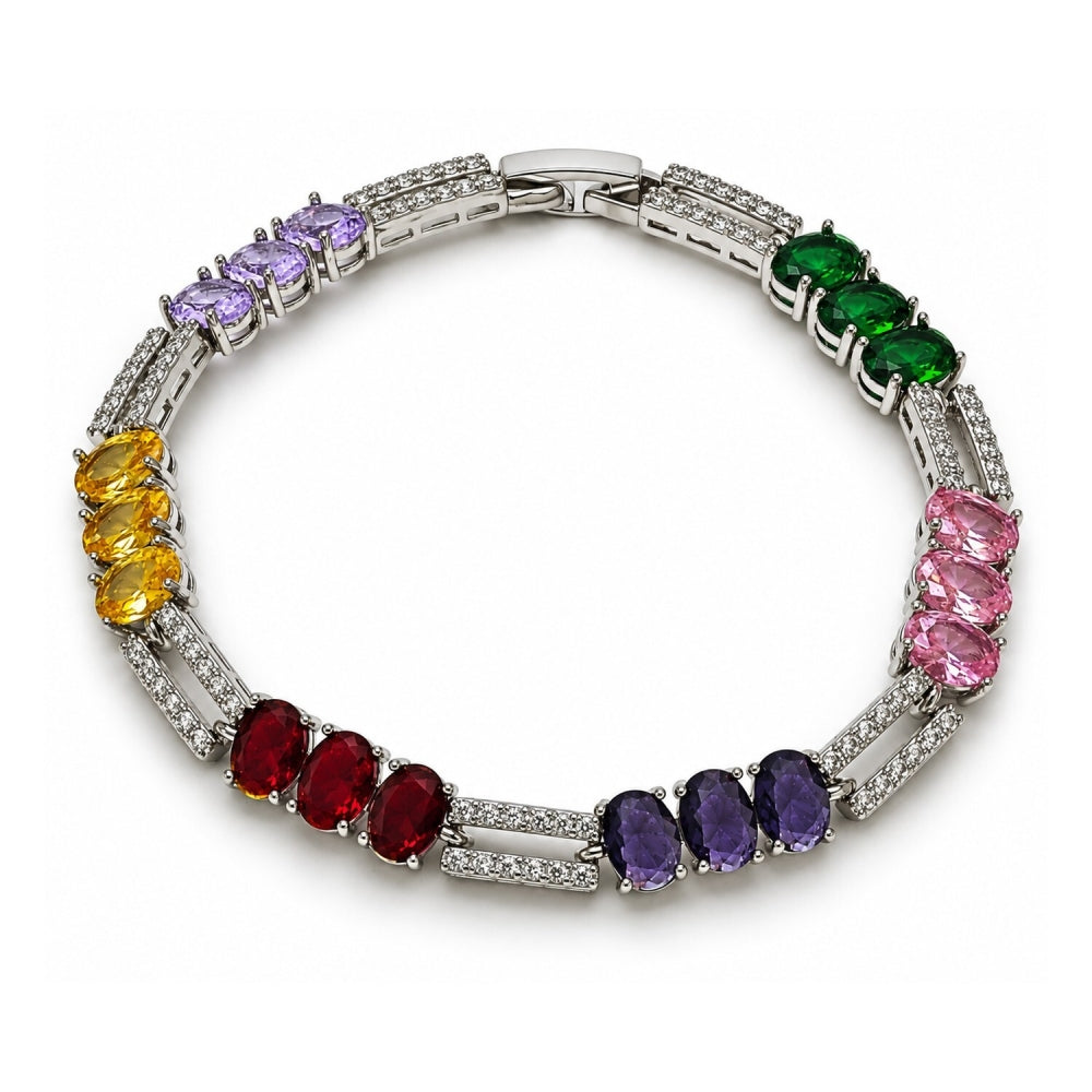 White Gold Filled Tennis Bracelet, with Multicolor and White Cubic Zirconia, Polished, Rhodium Finish