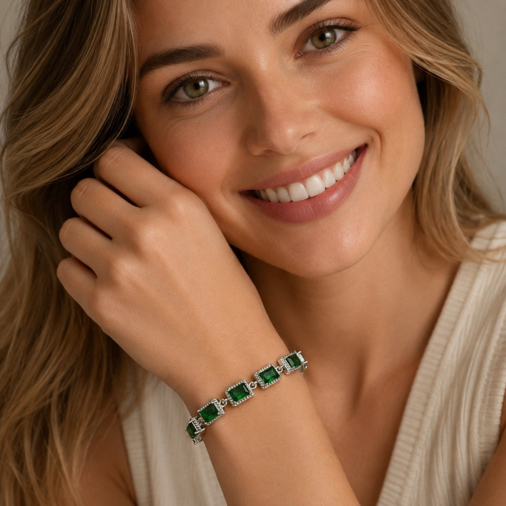 White Gold Filled Tennis Bracelet, with Green Cubic Zirconia, Polished, Rhodium Finish