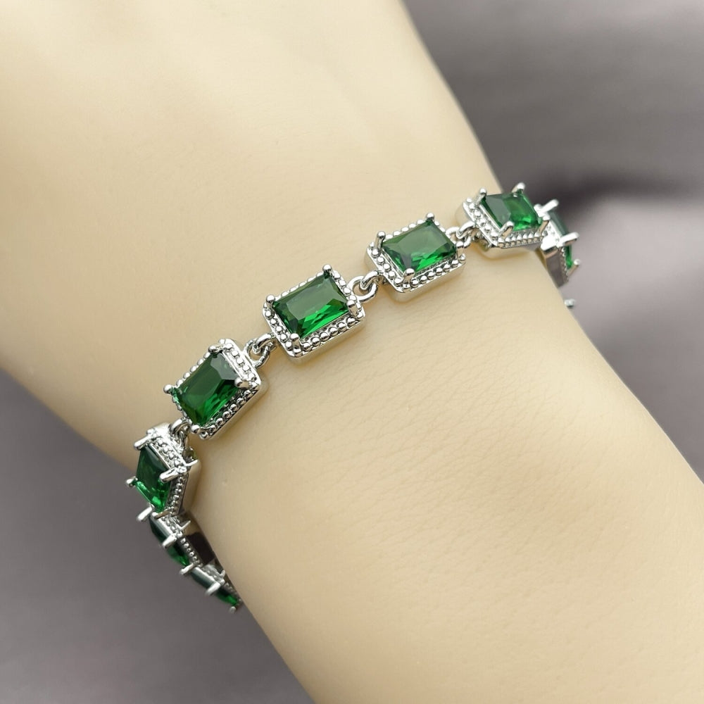 White Gold Filled Tennis Bracelet, with Green Cubic Zirconia, Polished, Rhodium Finish
