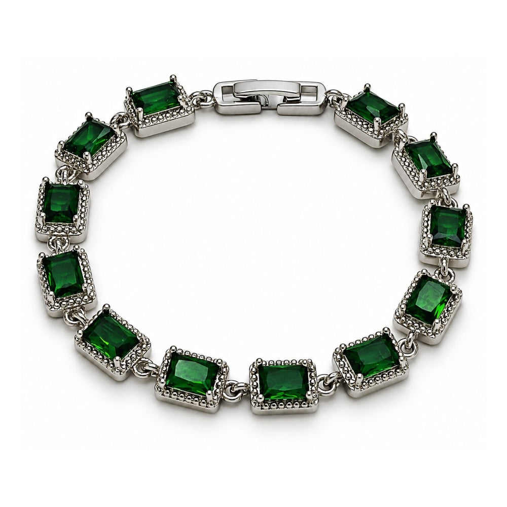 White Gold Filled Tennis Bracelet, with Green Cubic Zirconia, Polished, Rhodium Finish