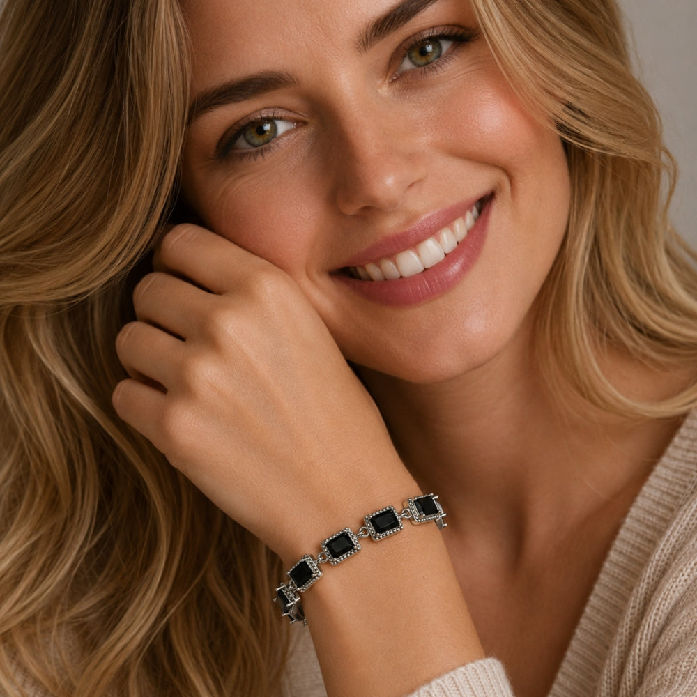 White Gold Filled Tennis Bracelet, with Black Cubic Zirconia, Polished, Rhodium Finish