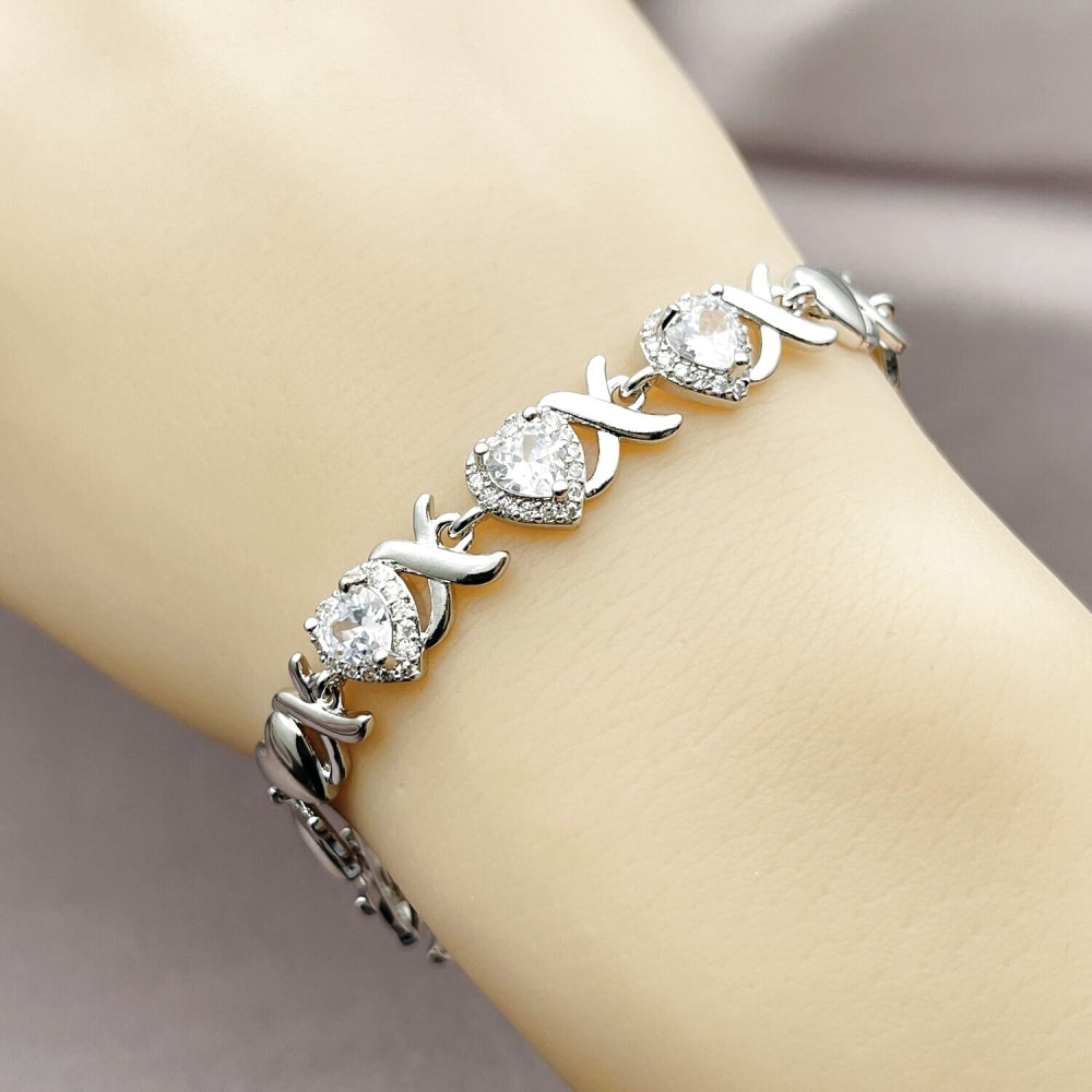 Rhodium Gold Filled Tennis Bracelet, Hugs and Kisses and Heart Design, with White Cubic Zirconia and White Micro Pave, Polished, Rhodium Finish