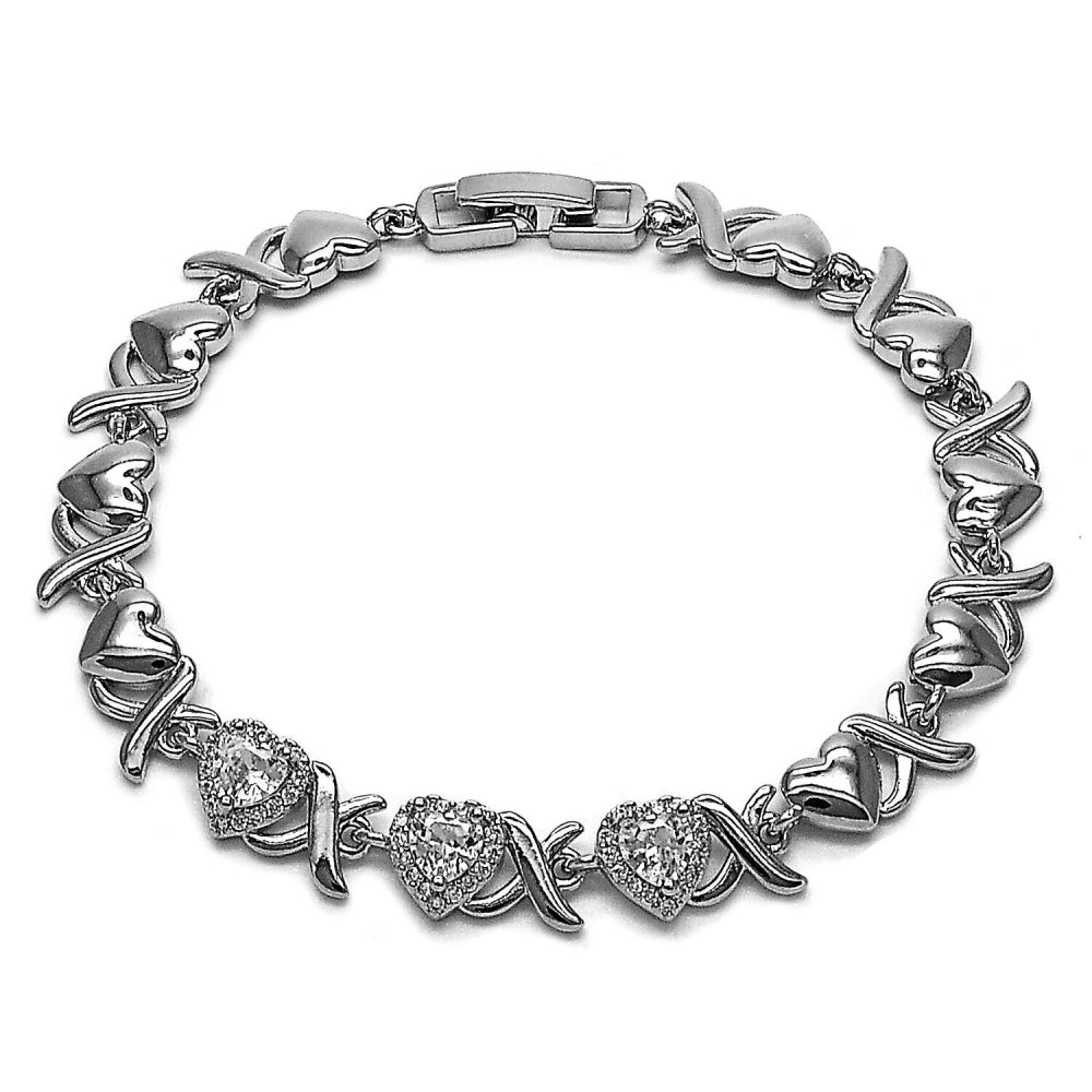 Rhodium Gold Filled Tennis Bracelet, Hugs and Kisses and Heart Design, with White Cubic Zirconia and White Micro Pave, Polished, Rhodium Finish
