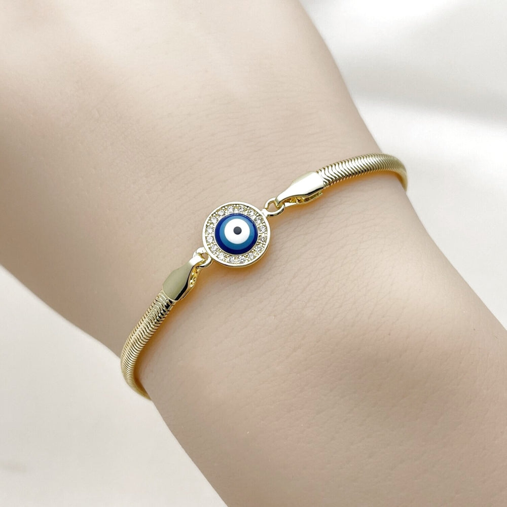 Oro Laminado Fancy Bracelet, Gold Filled Style Evil Eye and Rat Tail Design, with White Micro Pave, Blue Enamel Finish, Golden Finish