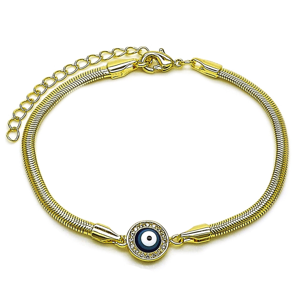 Oro Laminado Fancy Bracelet, Gold Filled Style Evil Eye and Rat Tail Design, with White Micro Pave, Blue Enamel Finish, Golden Finish