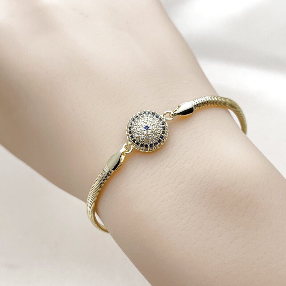 Oro Laminado Fancy Bracelet, Gold Filled Style Evil Eye and Rat Tail Design, with Sapphire Blue and White Micro Pave, Polished, Golden Finish