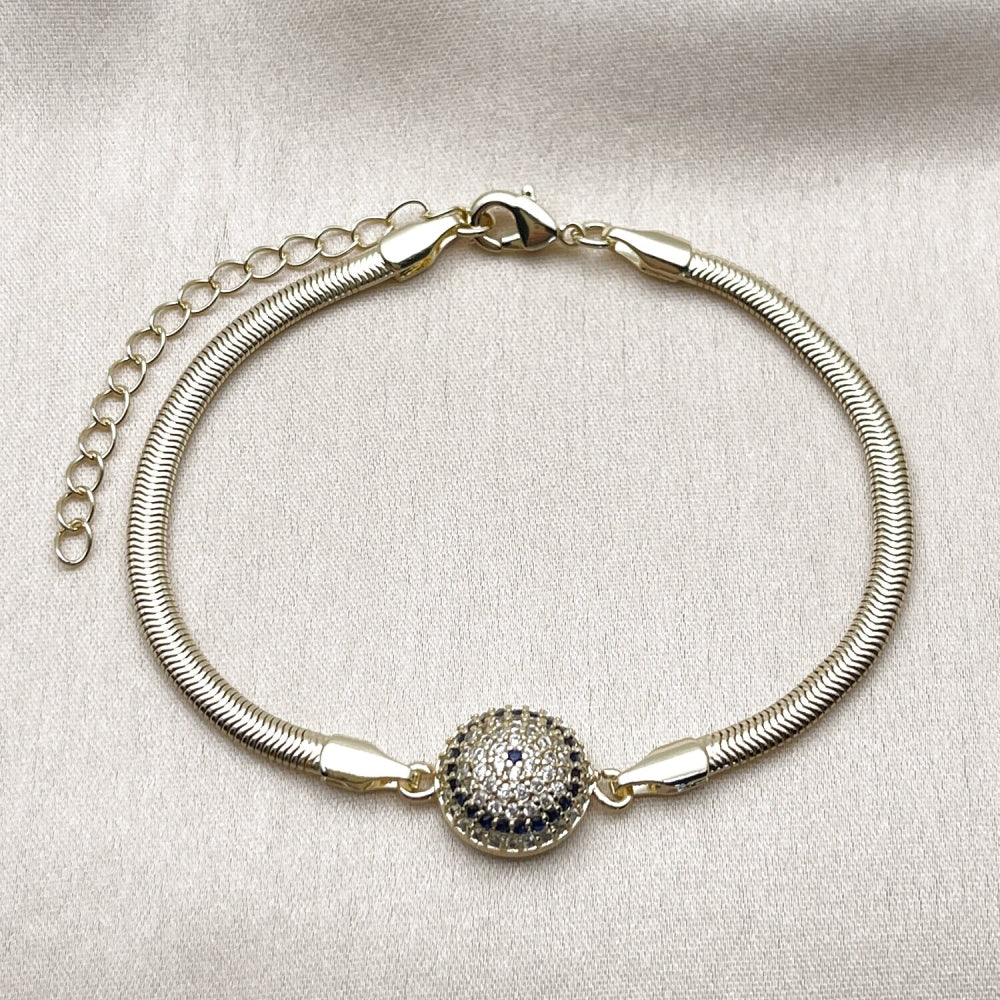 Oro Laminado Fancy Bracelet, Gold Filled Style Evil Eye and Rat Tail Design, with Sapphire Blue and White Micro Pave, Polished, Golden Finish