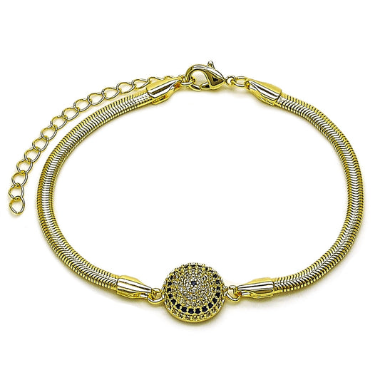 Oro Laminado Fancy Bracelet, Gold Filled Style Evil Eye and Rat Tail Design, with Sapphire Blue and White Micro Pave, Polished, Golden Finish