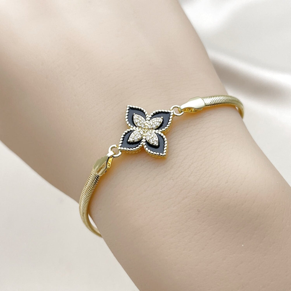 Oro Laminado Fancy Bracelet, Gold Filled Style Four-leaf Clover and Rat Tail Design, with White Micro Pave, Black Enamel Finish, Golden Finish
