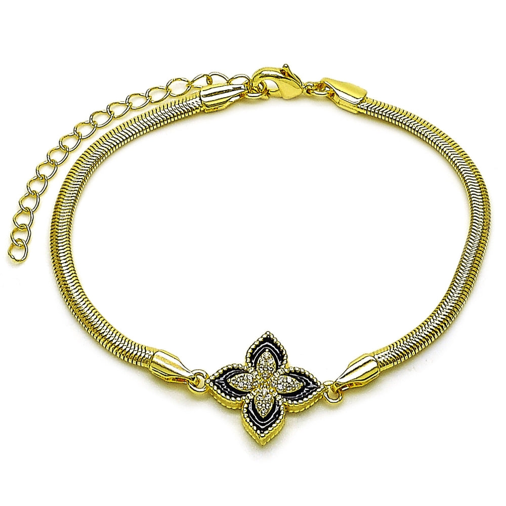 Oro Laminado Fancy Bracelet, Gold Filled Style Four-leaf Clover and Rat Tail Design, with White Micro Pave, Black Enamel Finish, Golden Finish
