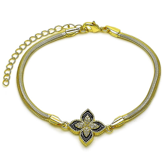Oro Laminado Fancy Bracelet, Gold Filled Style Four-leaf Clover and Rat Tail Design, with White Micro Pave, Black Enamel Finish, Golden Finish