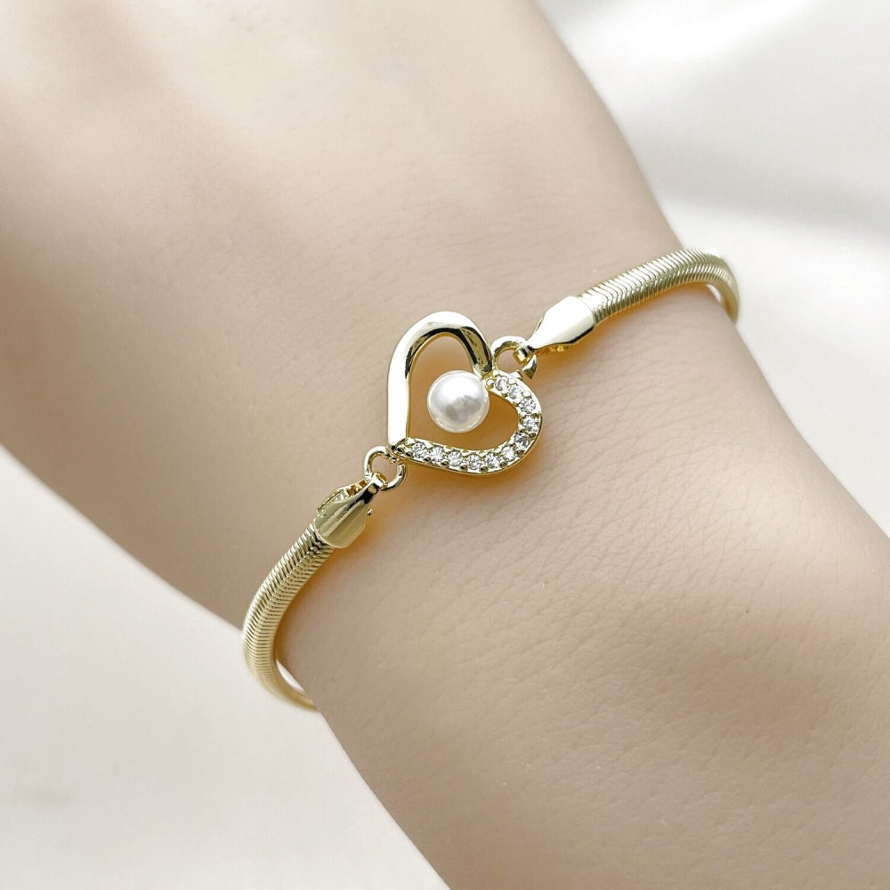 Oro Laminado Fancy Bracelet, Gold Filled Style Heart and Rat Tail Design, with White Cubic Zirconia and Ivory Pearl, Polished, Golden Finish