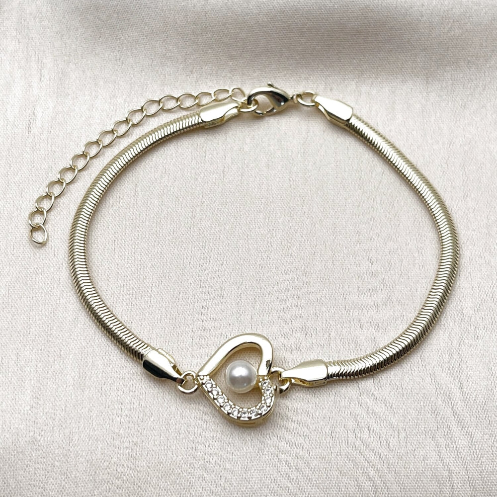 Oro Laminado Fancy Bracelet, Gold Filled Style Heart and Rat Tail Design, with White Cubic Zirconia and Ivory Pearl, Polished, Golden Finish