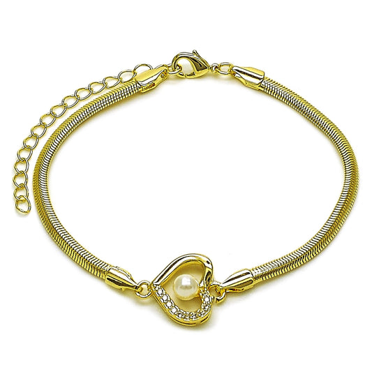 Oro Laminado Fancy Bracelet, Gold Filled Style Heart and Rat Tail Design, with White Cubic Zirconia and Ivory Pearl, Polished, Golden Finish