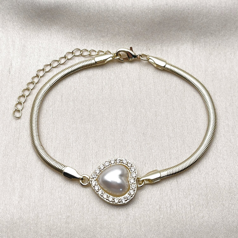 Oro Laminado Fancy Bracelet, Gold Filled Style Heart and Cluster Design, with Ivory Pearl and White Cubic Zirconia, Polished, Golden Finish