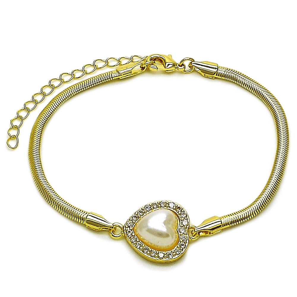 Oro Laminado Fancy Bracelet, Gold Filled Style Heart and Cluster Design, with Ivory Pearl and White Cubic Zirconia, Polished, Golden Finish