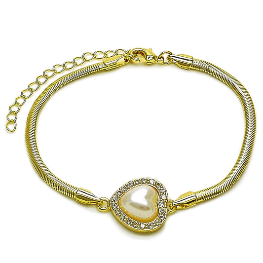 Oro Laminado Fancy Bracelet, Gold Filled Style Heart and Cluster Design, with Ivory Pearl and White Cubic Zirconia, Polished, Golden Finish