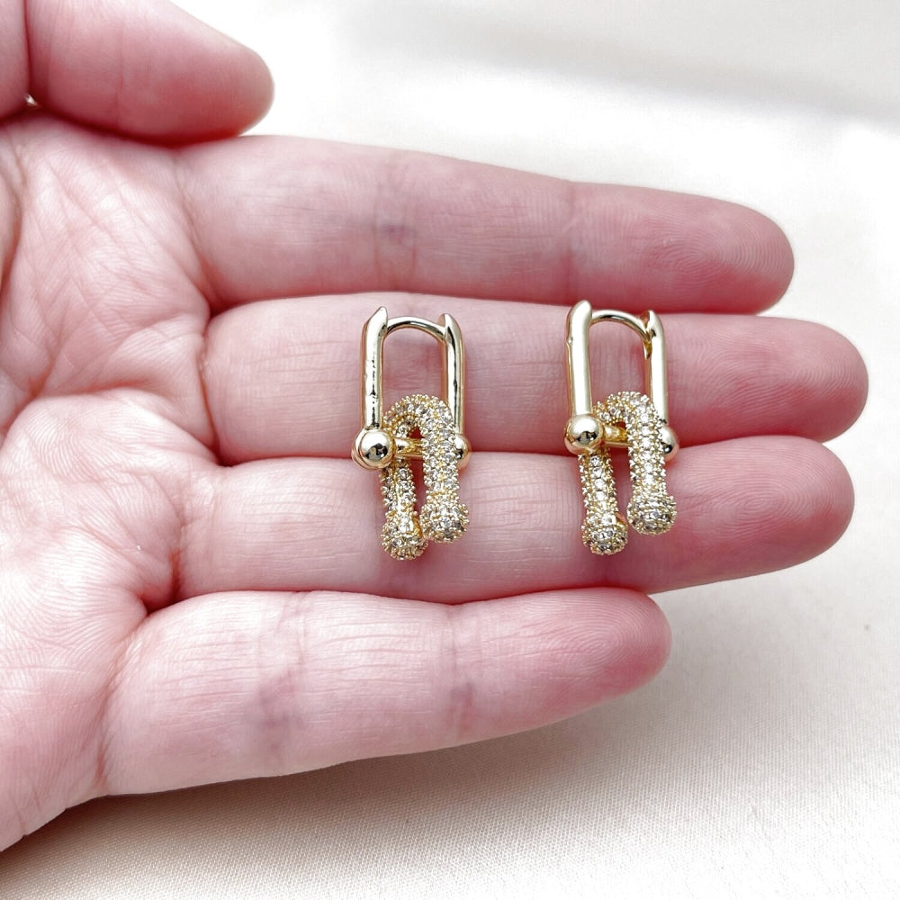 Oro Laminado Long Earring, Gold Filled Style with White Micro Pave, Polished, Golden Finish