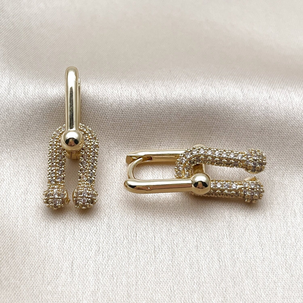 Oro Laminado Long Earring, Gold Filled Style with White Micro Pave, Polished, Golden Finish