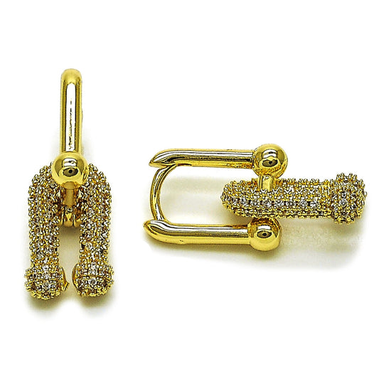 Oro Laminado Long Earring, Gold Filled Style with White Micro Pave, Polished, Golden Finish