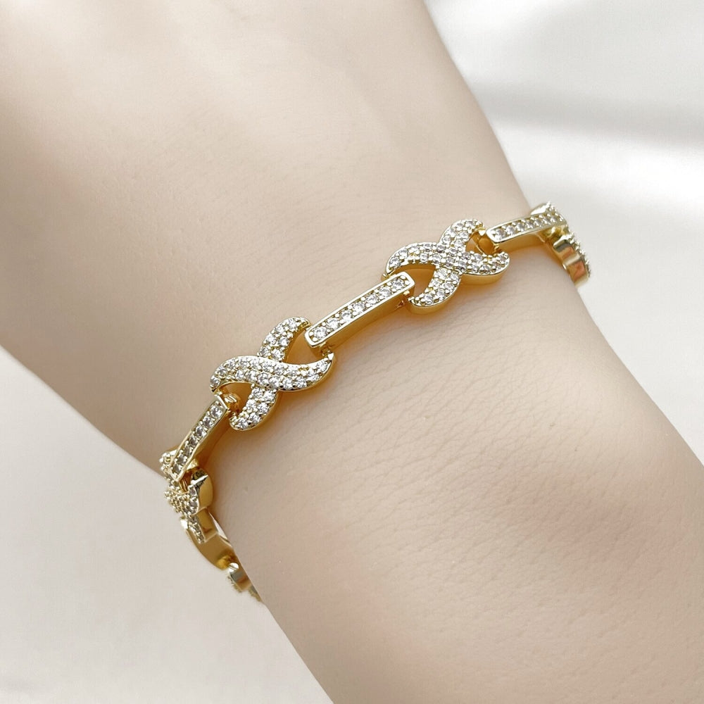 Oro Laminado Tennis Bracelet, Gold Filled Style Hugs and Kisses and Infinite Design, with White Cubic Zirconia, Polished, Golden Finish