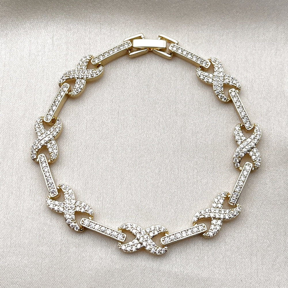 Oro Laminado Tennis Bracelet, Gold Filled Style Hugs and Kisses and Infinite Design, with White Cubic Zirconia, Polished, Golden Finish