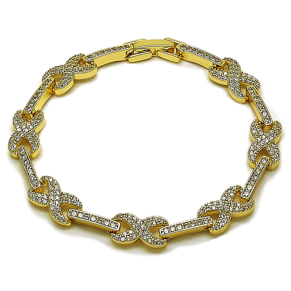 Oro Laminado Tennis Bracelet, Gold Filled Style Hugs and Kisses and Infinite Design, with White Cubic Zirconia, Polished, Golden Finish