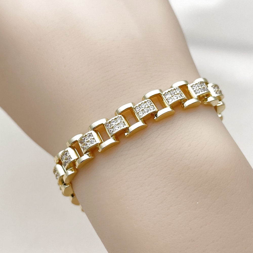 Oro Laminado Tennis Bracelet, Gold Filled Style Belt Buckle Design, with White Cubic Zirconia, Polished, Golden Finish