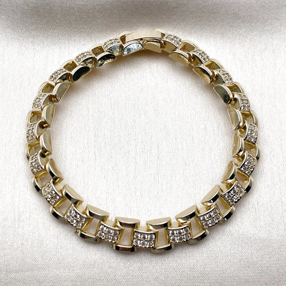 Oro Laminado Tennis Bracelet, Gold Filled Style Belt Buckle Design, with White Cubic Zirconia, Polished, Golden Finish