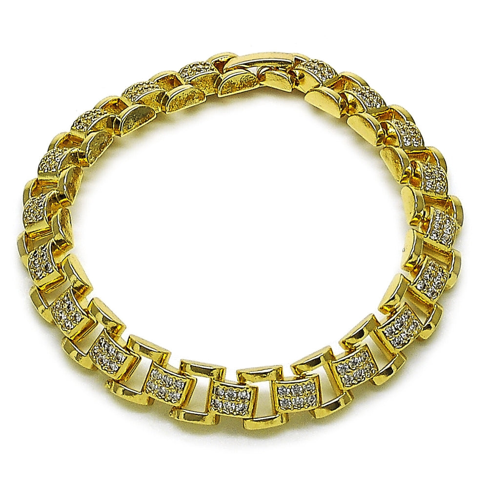 Oro Laminado Tennis Bracelet, Gold Filled Style Belt Buckle Design, with White Cubic Zirconia, Polished, Golden Finish