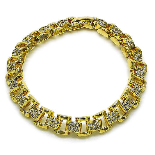 Oro Laminado Tennis Bracelet, Gold Filled Style Belt Buckle Design, with White Cubic Zirconia, Polished, Golden Finish