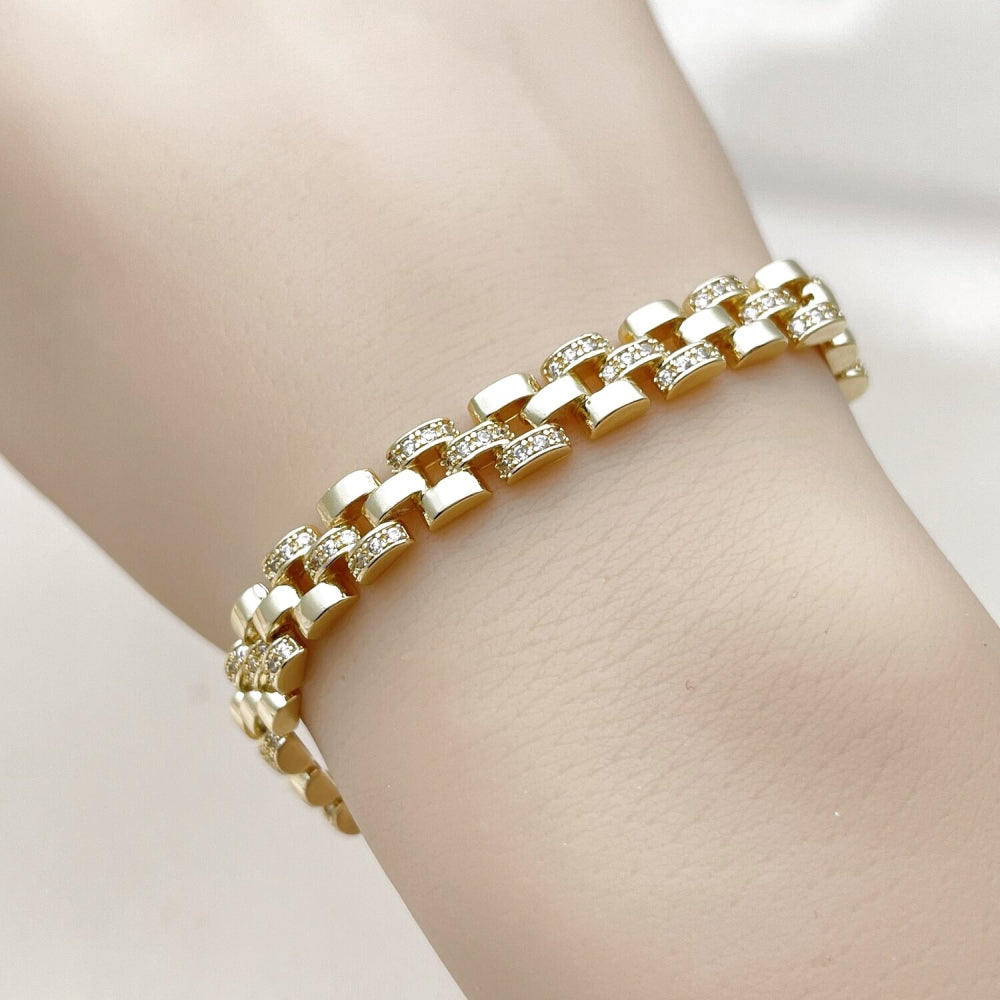 Oro Laminado Tennis Bracelet, Gold Filled Style Belt Buckle Design, with White Cubic Zirconia, Polished, Golden Finish