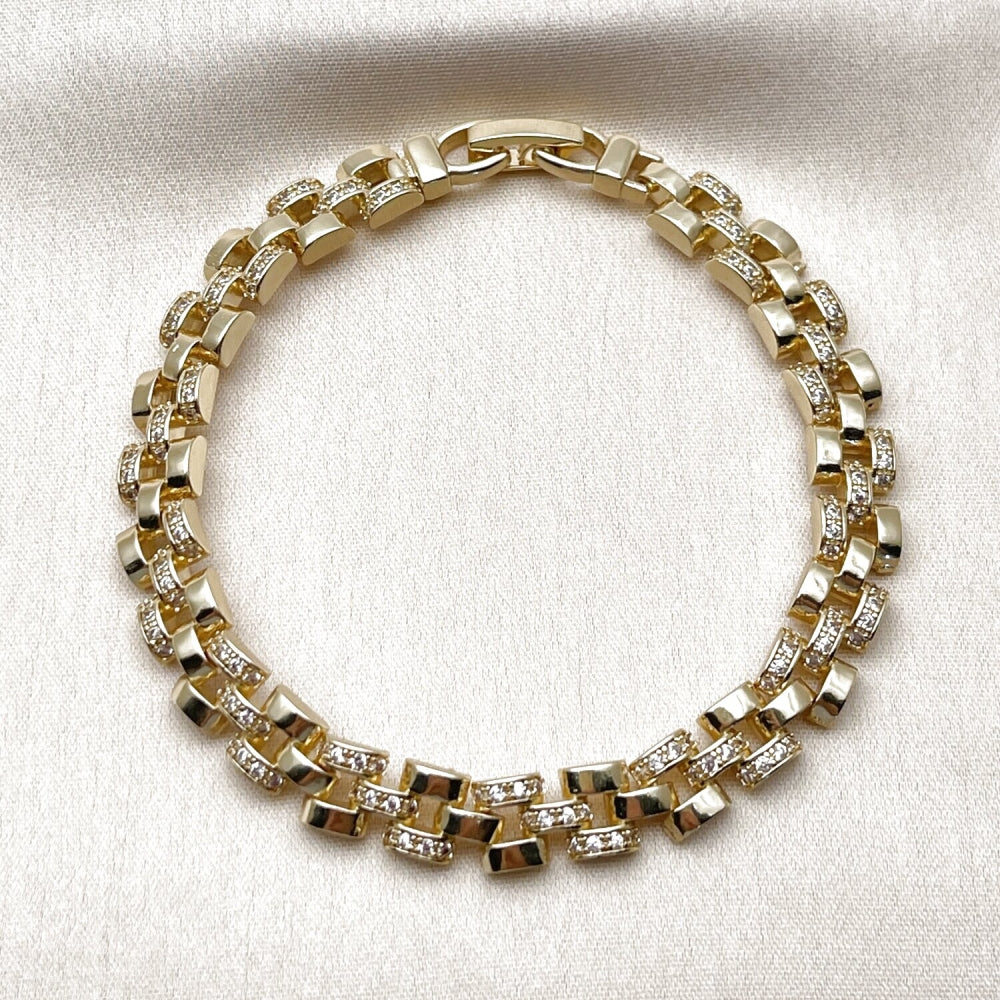 Oro Laminado Tennis Bracelet, Gold Filled Style Belt Buckle Design, with White Cubic Zirconia, Polished, Golden Finish