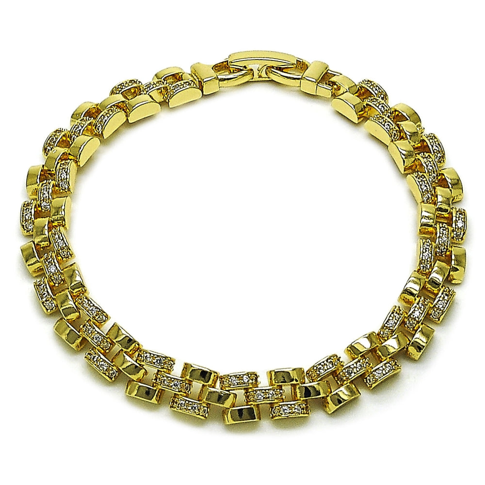 Oro Laminado Tennis Bracelet, Gold Filled Style Belt Buckle Design, with White Cubic Zirconia, Polished, Golden Finish