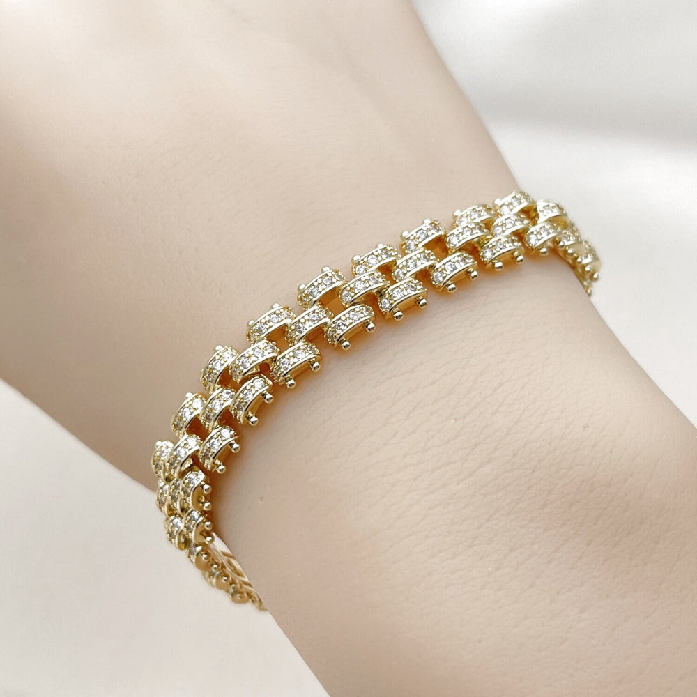 Oro Laminado Tennis Bracelet, Gold Filled Style with White Micro Pave, Polished, Golden Finish