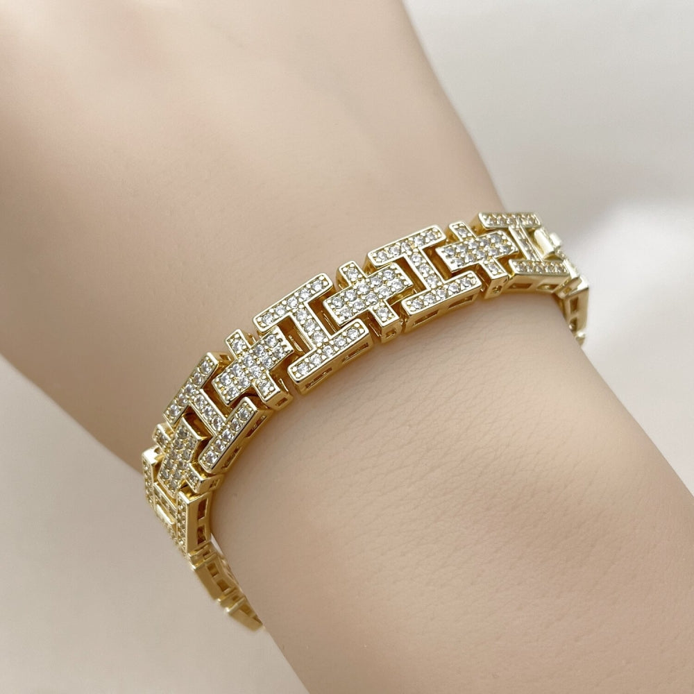 Oro Laminado Tennis Bracelet, Gold Filled Style Cross and Hugs and Kisses Design, with White Cubic Zirconia, Polished, Golden Finish