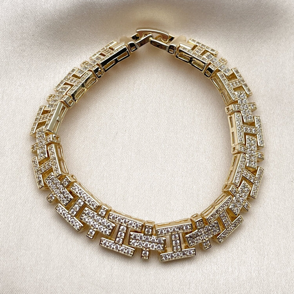 Oro Laminado Tennis Bracelet, Gold Filled Style Cross and Hugs and Kisses Design, with White Cubic Zirconia, Polished, Golden Finish
