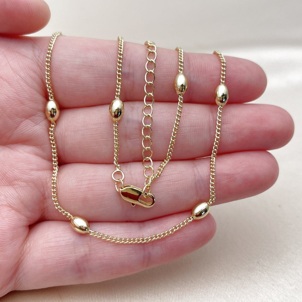 Oro Laminado Basic Necklace, Gold Filled Style Miami Cuban and Ball Design, Polished, Golden Finish
