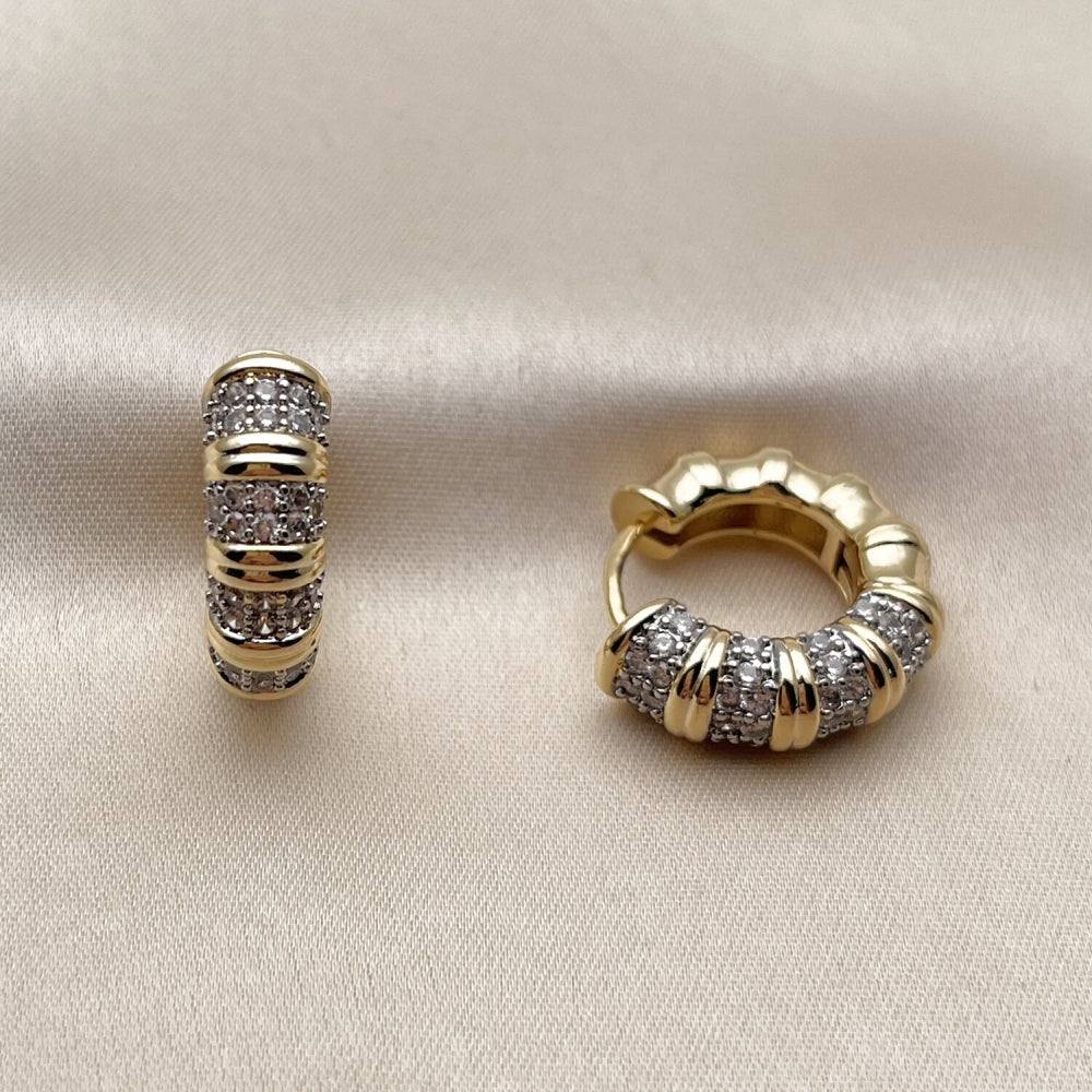 Oro Laminado Huggie Hoop, Gold Filled Style Bamboo Design, with White Micro Pave, Polished, Two Tone