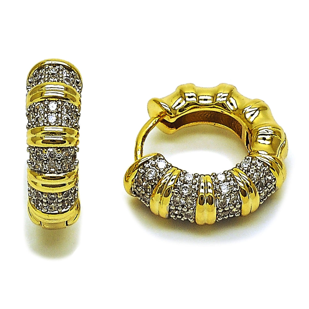Oro Laminado Huggie Hoop, Gold Filled Style Bamboo Design, with White Micro Pave, Polished, Two Tone