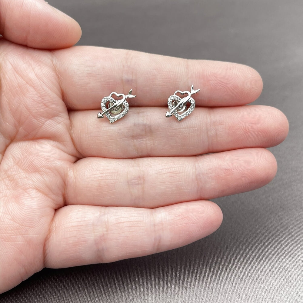 Rhodium Gold Filled Stud Earring, Heart and Arrow Design, with White Cubic Zirconia, Polished, Rhodium Finish