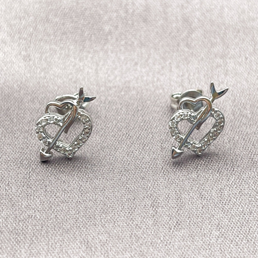 Rhodium Gold Filled Stud Earring, Heart and Arrow Design, with White Cubic Zirconia, Polished, Rhodium Finish