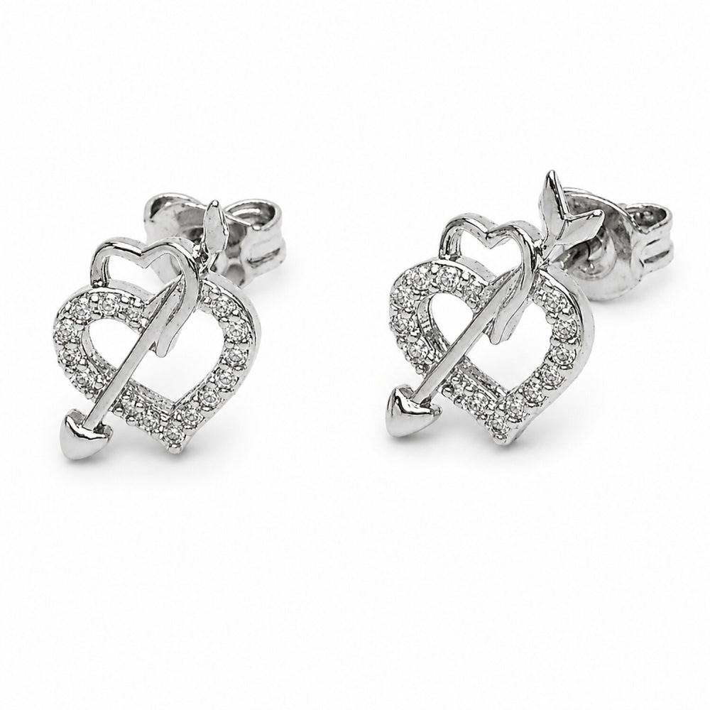 Rhodium Gold Filled Stud Earring, Heart and Arrow Design, with White Cubic Zirconia, Polished, Rhodium Finish